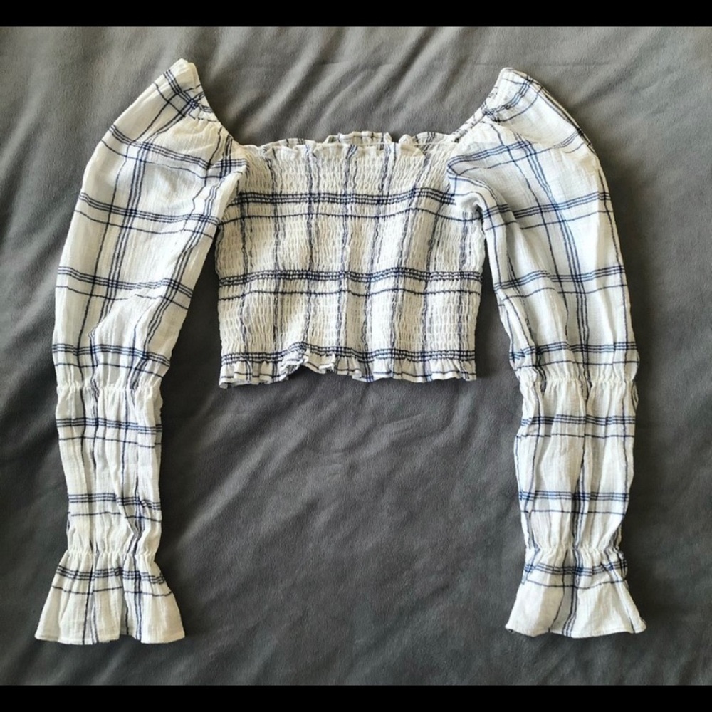 Zara plaid white blue off the shoulder blouse crop top
